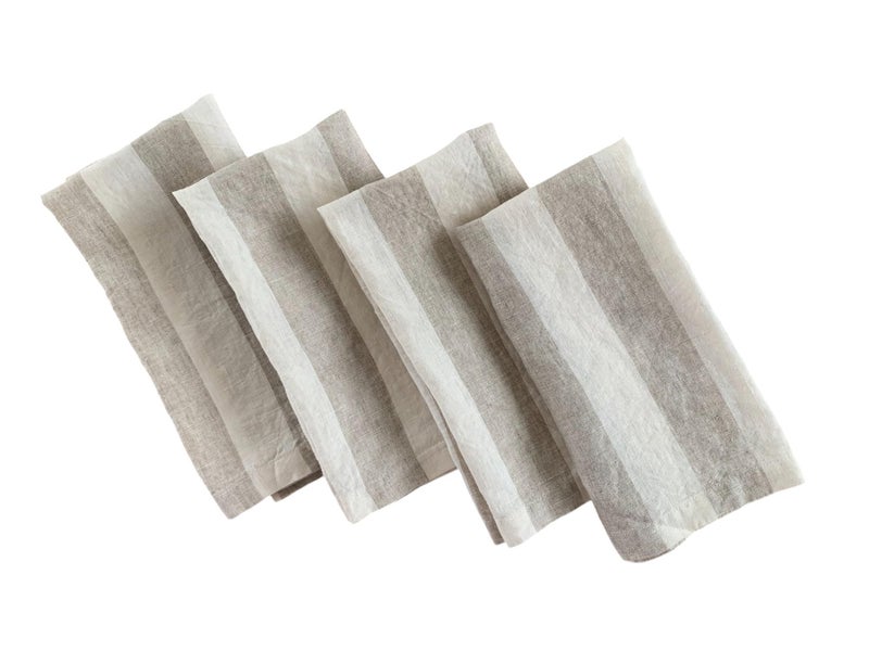 Eight Owls Linen Napkins â€“ Stonewashed Pure Linen Stripe Cloth Dinner Napkins â€“ Created from French Flax - Mitered Corners â€“ Set of 4 (Natural Stripe) - Image 1